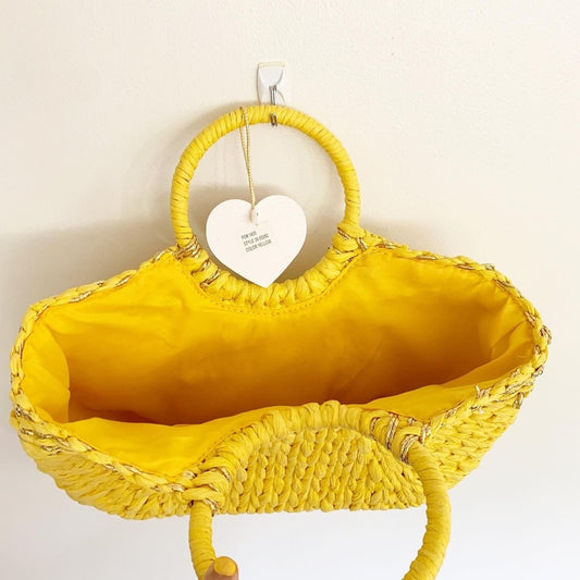 Imoshion Yellow Straw Metallic Beach Wicker Tote Bag NWT Vegan