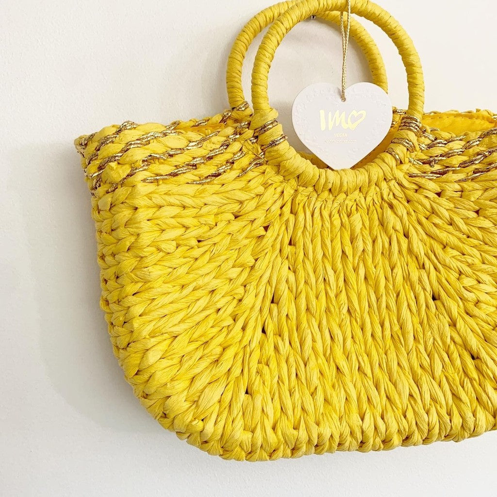 Imoshion Yellow Straw Metallic Beach Wicker Tote Bag NWT Vegan
