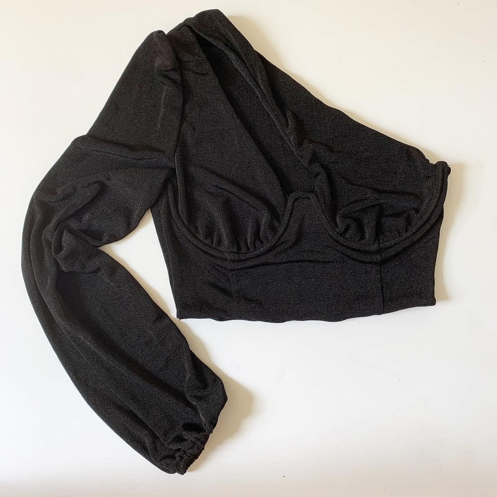 One Sleeve Slit Crop Black Top