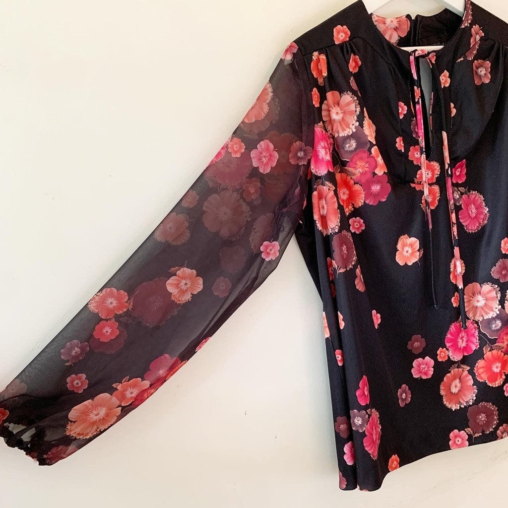 Vintage 1970s Floral Pant and Shirt Set Black & Pink
