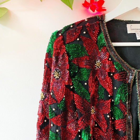 Vintage Laurence Kazar Red Poinsettia Sequin Silk Christmas Blazer size Xl