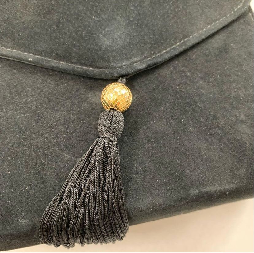 Vintage 90s Black Suede Small Shoulder Bag Purse Gold-Plated