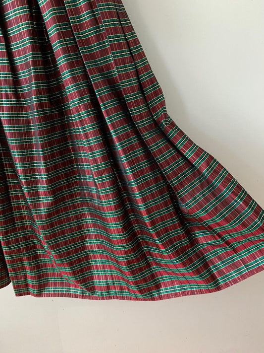 Vintage Cachet Red Green Gold Tartan Taffeta Christmas Maxi Skirt Size 12
