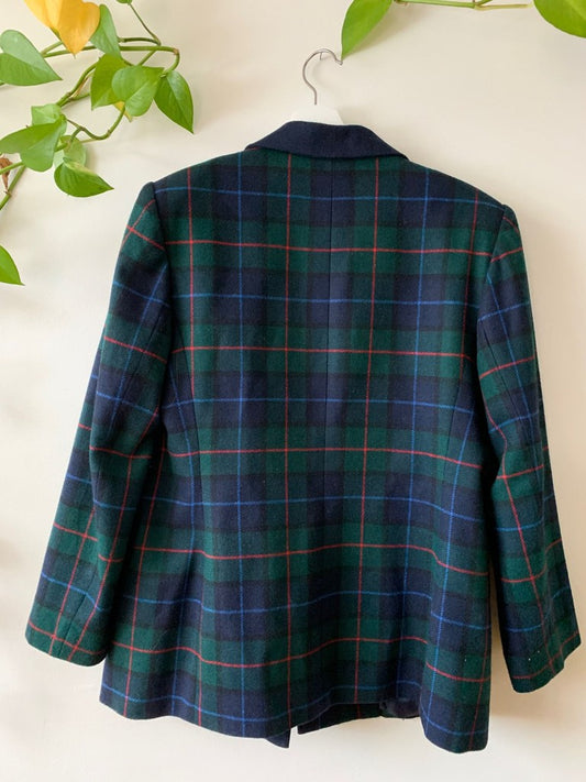 Vintage Le Suit Navy & Green Tartan Plaid Oversized Blazer Size 14