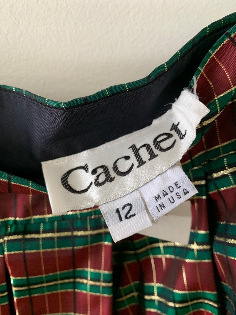 Vintage Cachet Red Green Gold Tartan Taffeta Christmas Maxi Skirt Size 12