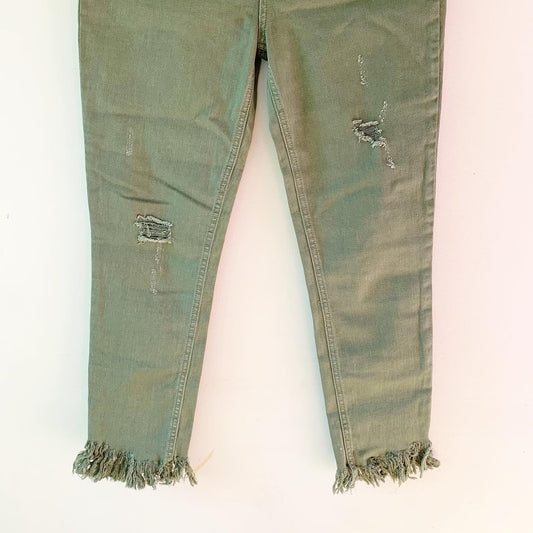 Free People Olive Green Frayed Hem Cropped Skinny Jeans, Size 28