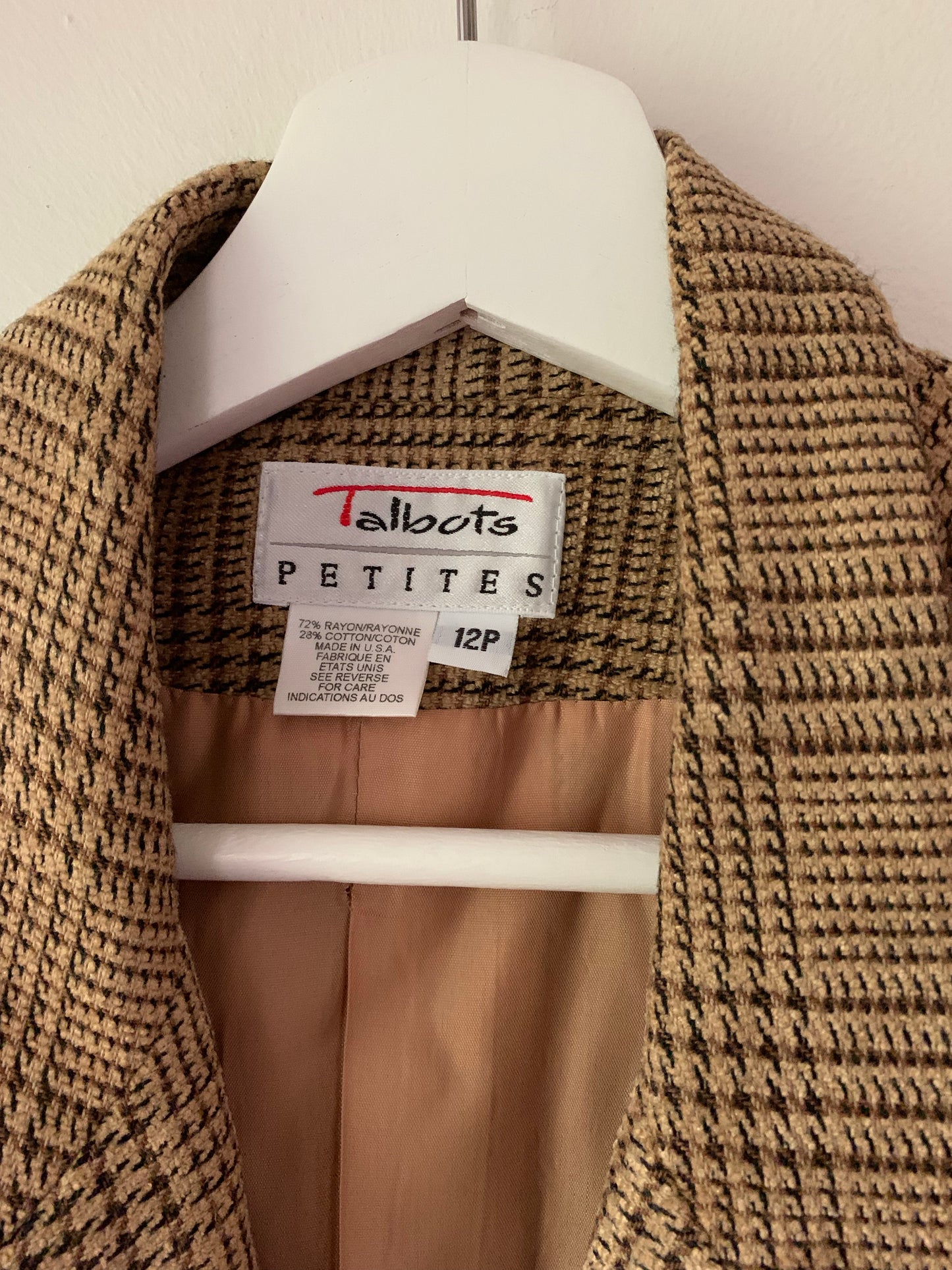 Talbots Vintage Tan Hounds tooth Plaid Blazer, Size 12 Petite