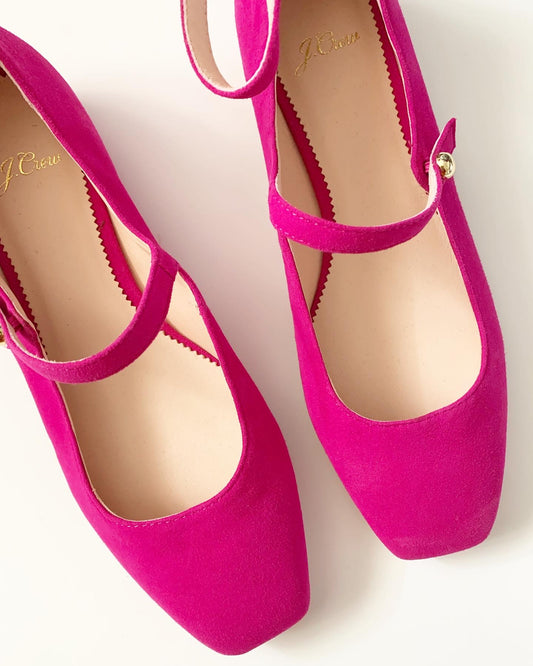 J. Crew Poppy Two-Strap Hot Begonia Pink Suede Leather Flat Shoes, Size 8