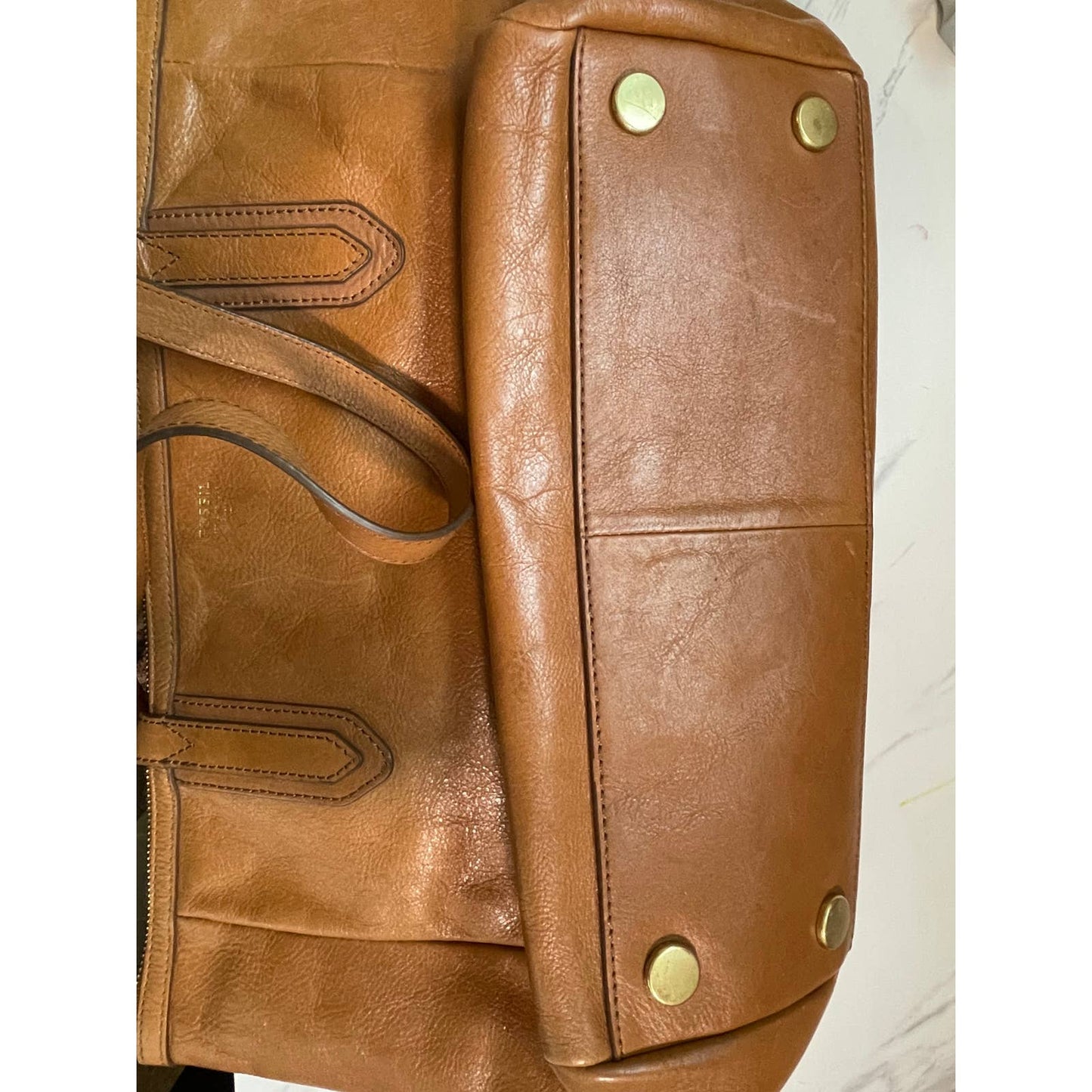 Fossil Leather Cowhide Sydney Shopper Tan Brown Tote Purse