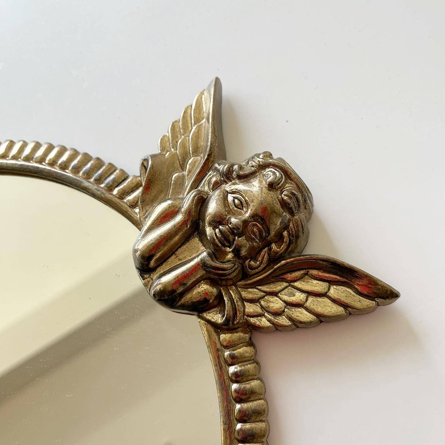 Vintage Antique Finish Gold Small Round Angel Mirror