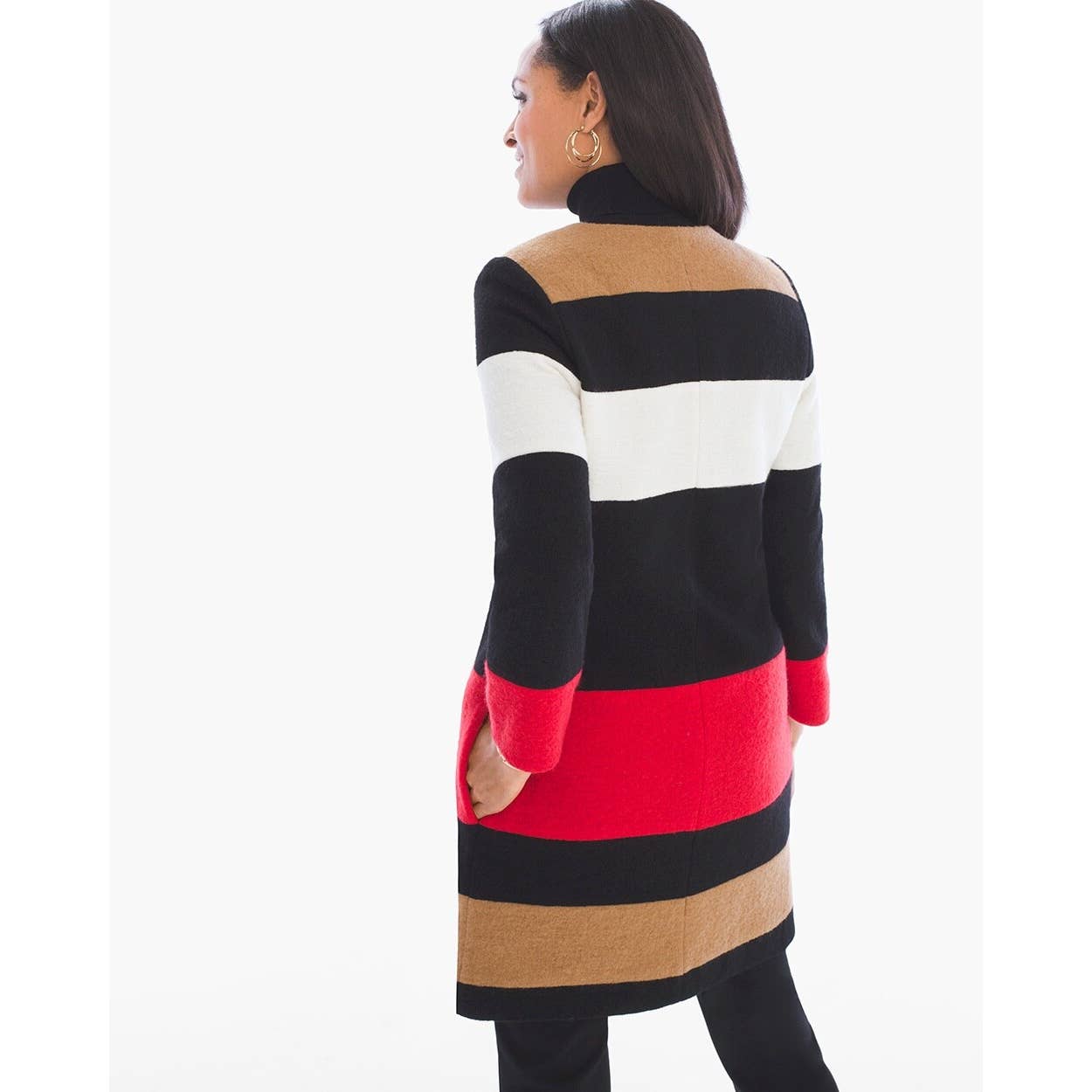 Chico's Colorblock Knit Red Black Tan Wool Coat Jacket