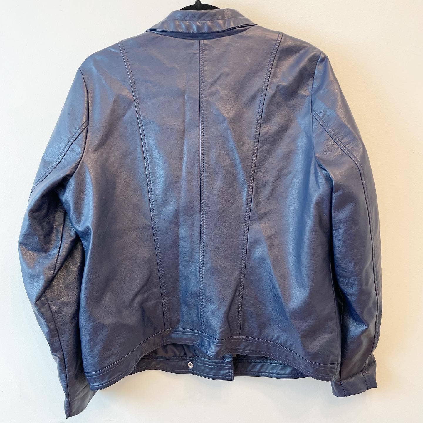 Capusle Navy Blue Floral Embroidered Faux Leather Moto Jacket