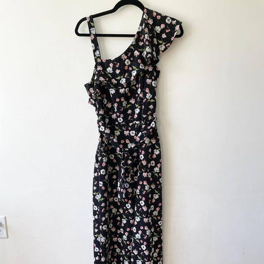 Gabby Skye Black Floral One Sleeve Ruffle Belted Jumpsuit