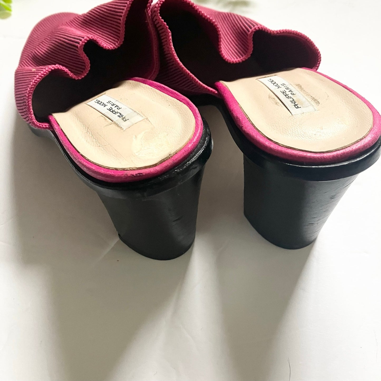 Phillipe Model Vintage Pink Ribbed Knit Mule Chunky Heel Leather Sole