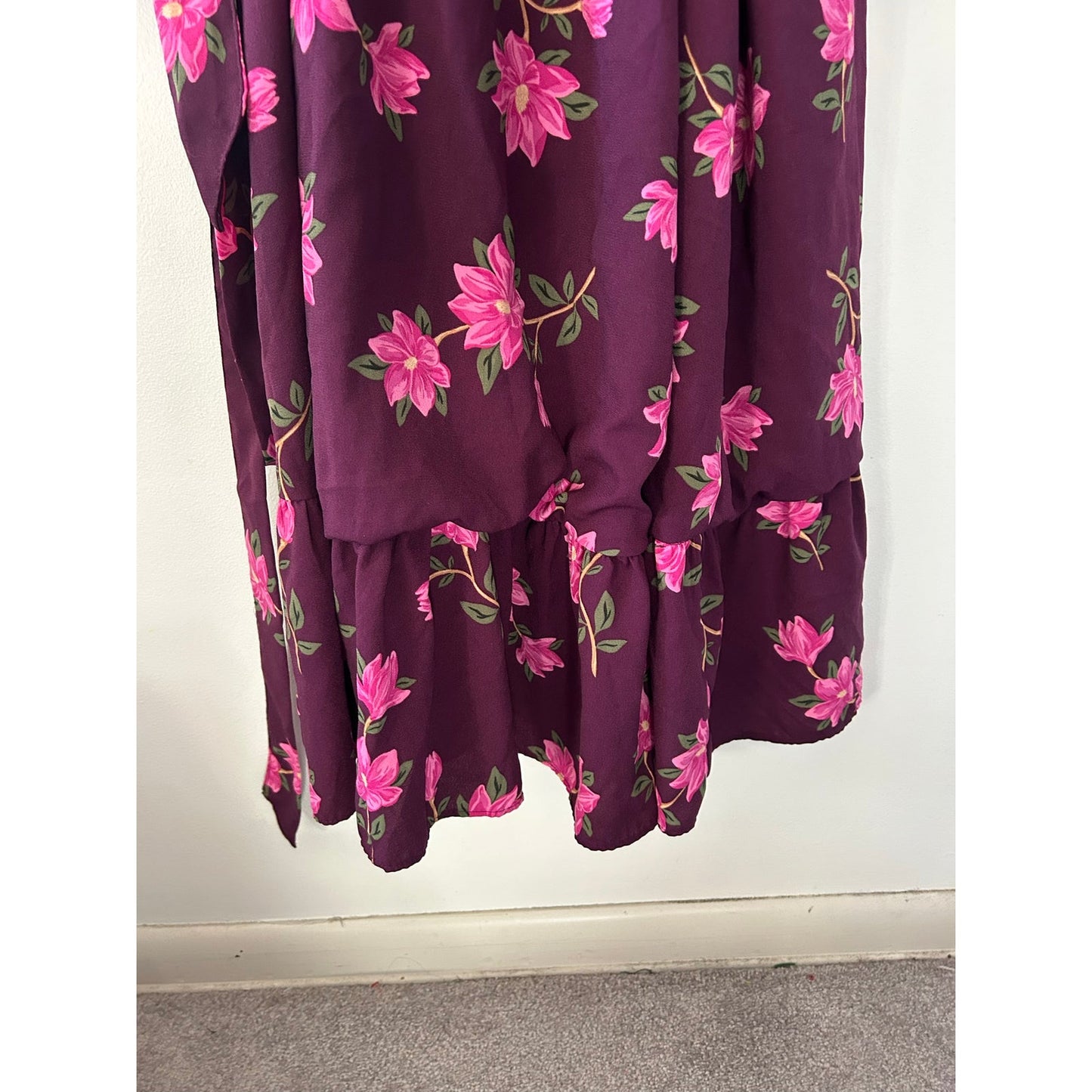 Draper James RSVP Long Sleeve Ruffle Midi Dress Burgundy Purple Pink Floral