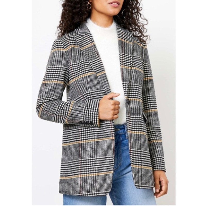 Ann Taylor Loft Relaxed Houndstooth Plaid Blazer Gray Tan
