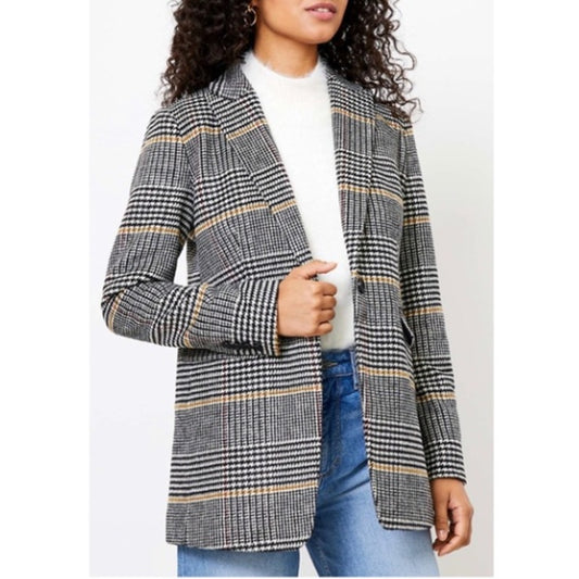 Ann Taylor Loft Relaxed Houndstooth Plaid Blazer Gray Tan