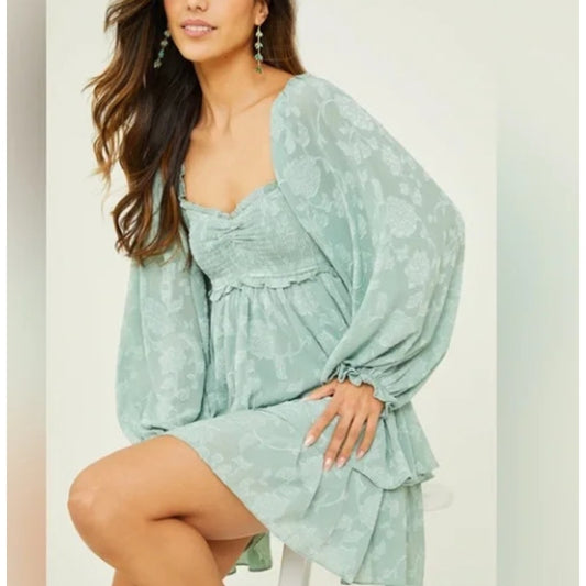 Altar'd State Ellenie Vega Gemma Babydoll Mini Dress Iceberg Green Festival Spring