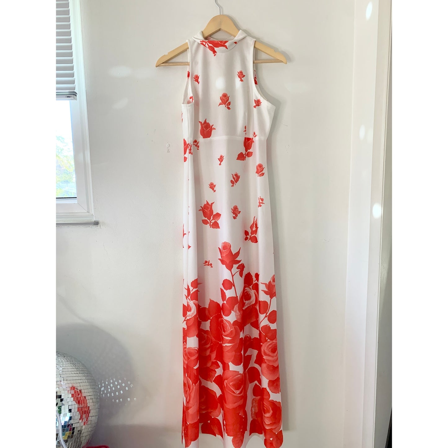 Vintage 1970s Union Made Red White Floral Roses Maxi Dress with Jacket