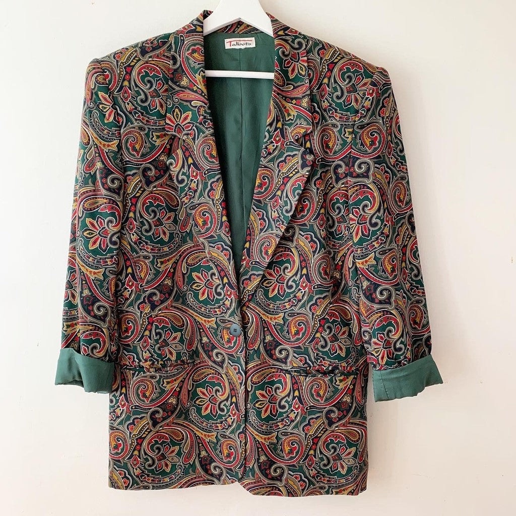 Vintage Talbots Green Yellow Wool Blend Paisley Blazer