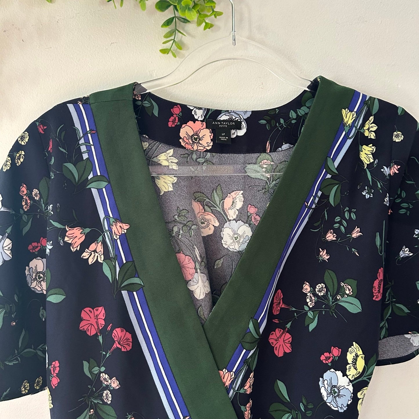 Ann Taylor Floral Flutter Sleeve Kimono Wrap Top Dark navy Floral Print Shirt