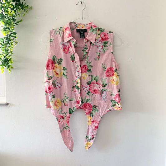 Ralph Lauren Pink Floral Tie Front Blouse Linen Petite 90s