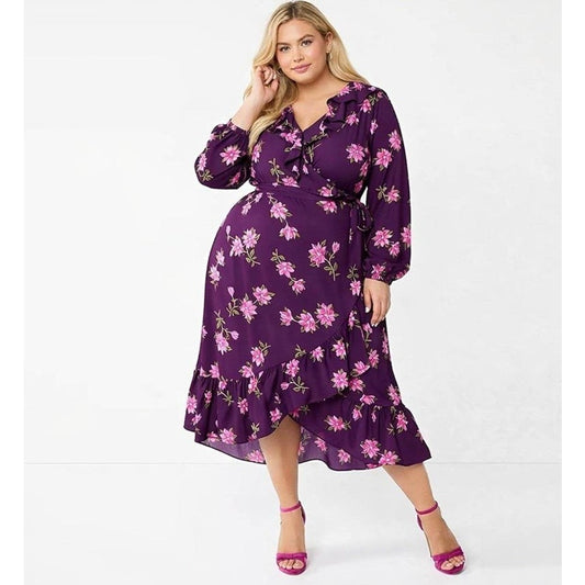 Draper James RSVP Long Sleeve Ruffle Midi Dress Burgundy Purple Pink Floral
