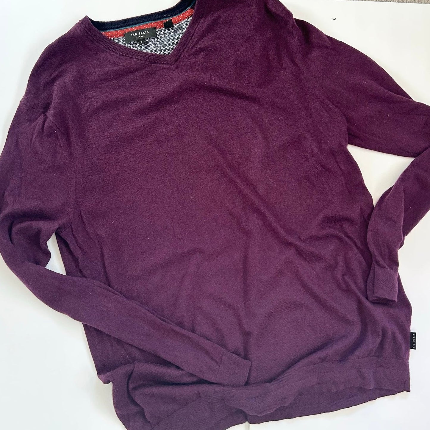 Ted Baker Wool Cashmere Silk Maroon Purple Plum Men's Pullover V Neck Sweater XL