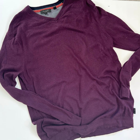 Ted Baker Wool Cashmere Silk Maroon Purple Plum Men's Pullover V Neck Sweater XL
