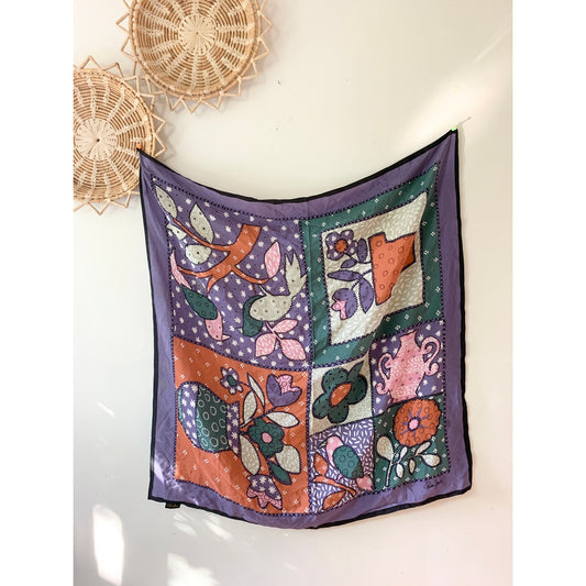 CORNELIA JAMES vintage Silk square patchwork purple plant themed neck silk scarf