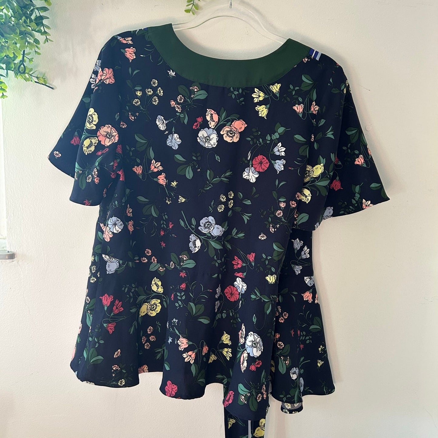 Ann Taylor Floral Flutter Sleeve Kimono Wrap Top Dark navy Floral Print Shirt