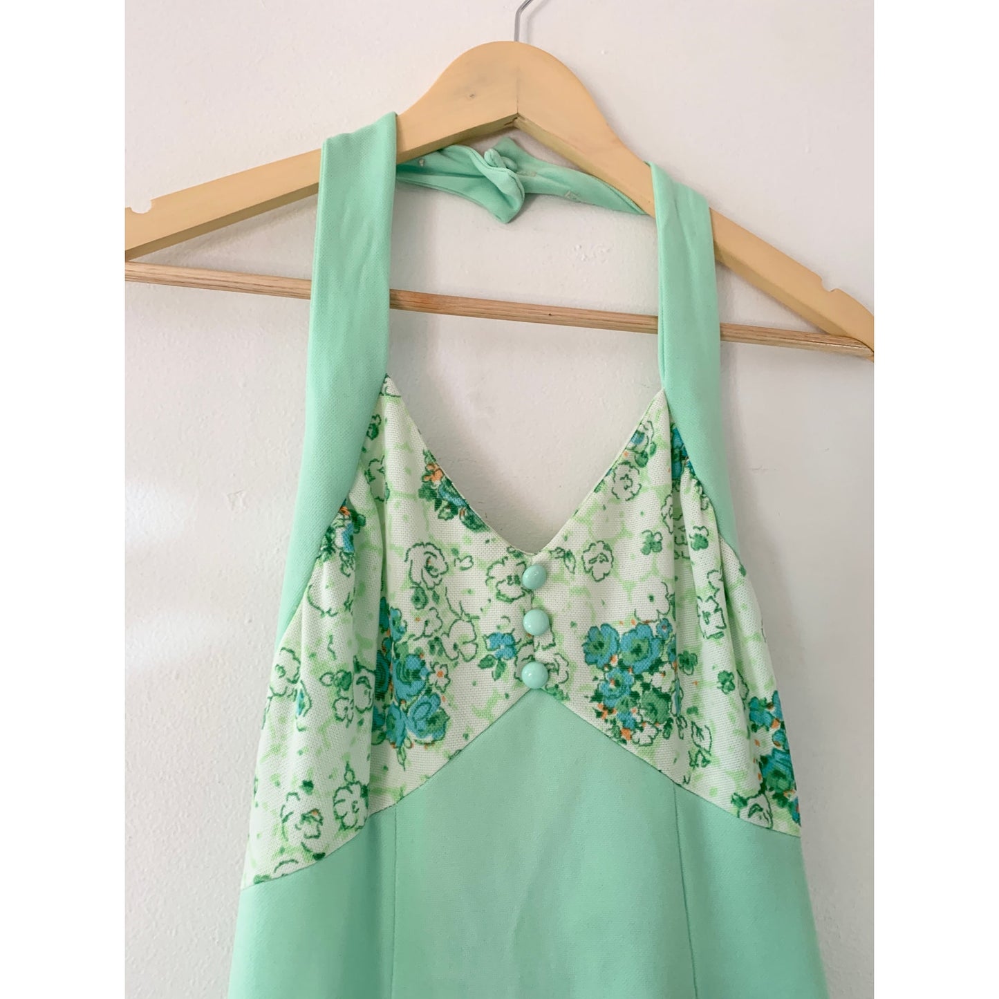 Vintage 1970s Union Made Mint Green Floral Halter Maxi Dress with Jacket