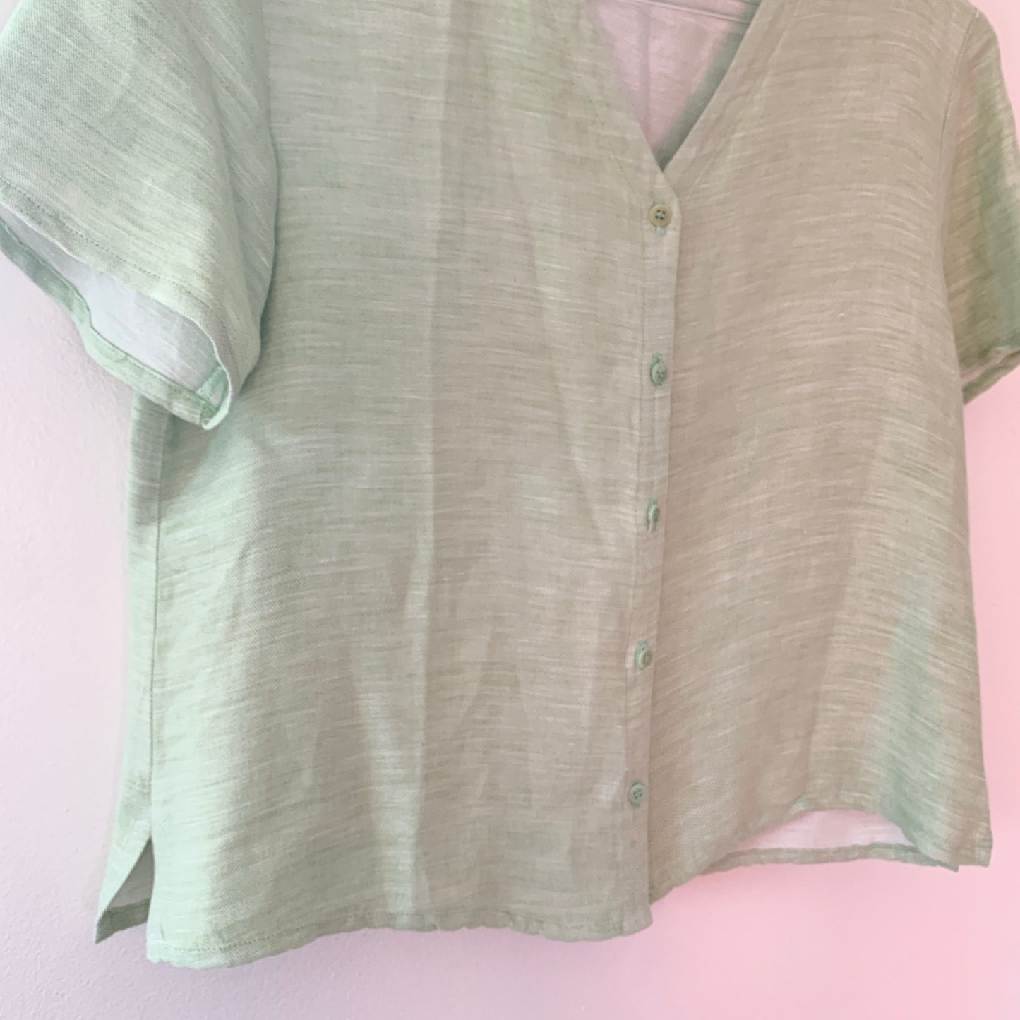Eileen Fisher Green Relaxed Spring Linen Button Up Blouse