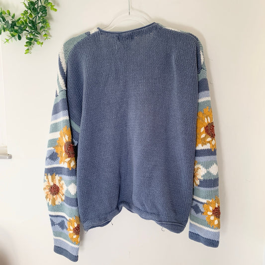 Import Workshop Vintage Blue Sunflower Cardigan Novelty  Knit Sweater XL
