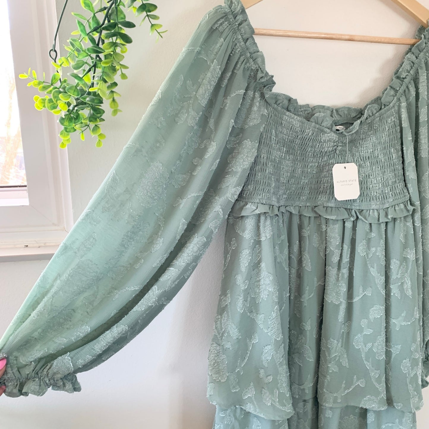 Altar'd State Ellenie Vega Gemma Babydoll Mini Dress Iceberg Green Festival Spring