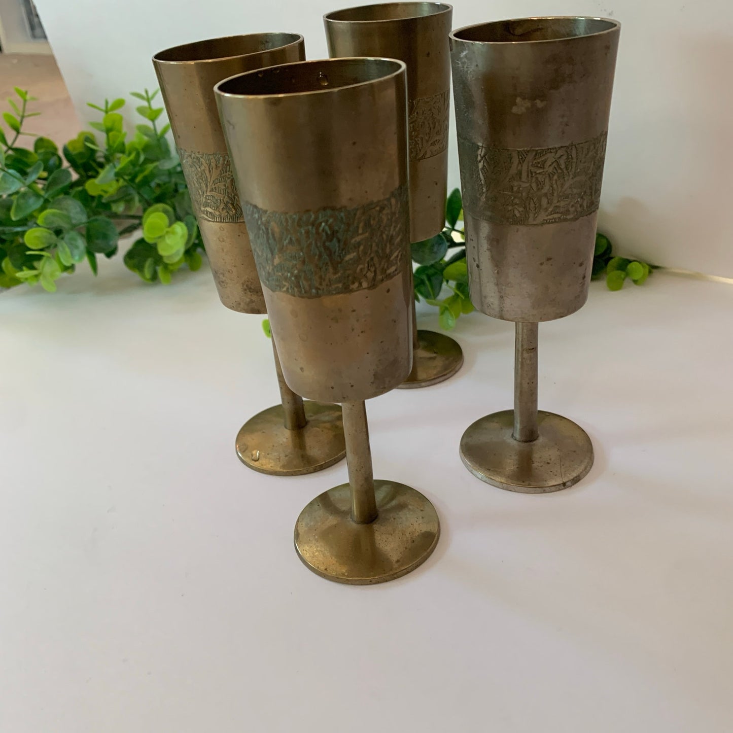 Vintage Brass Gold Etched India Goblet Cups 6" Set 4