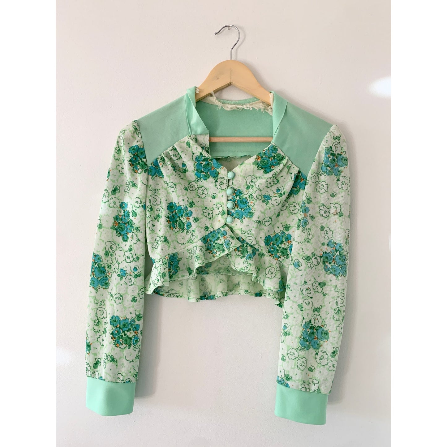 Vintage 1970s Union Made Mint Green Floral Halter Maxi Dress with Jacket