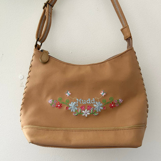 Vintage Y2K Mudd Tan Floral Embroidered Hobo Shoulder Bag Whipstitch