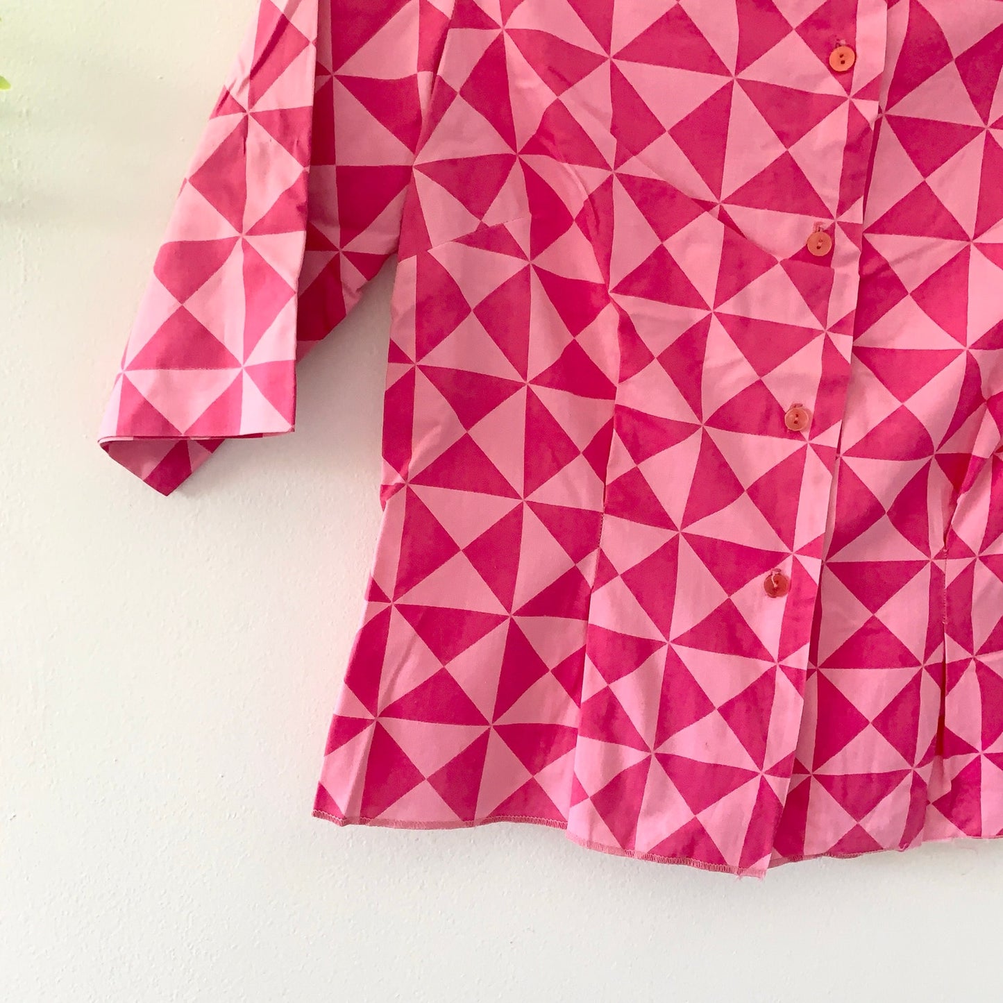 Vintage 1960s Pink Geometric Print Button Down Cotton Blouse