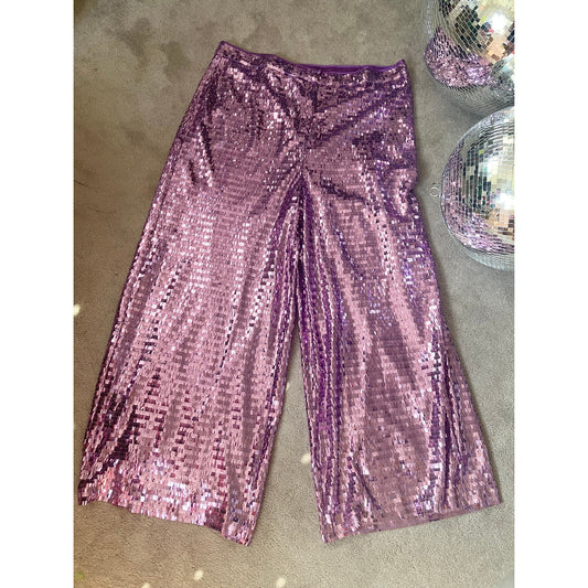 Boohoo Plus Purple Lilac Sequin Wide Leg Floor Sweeping Trousers Size 24