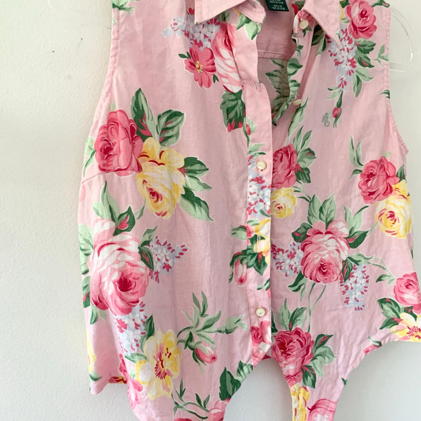 Ralph Lauren Pink Floral Tie Front Blouse Linen Petite 90s