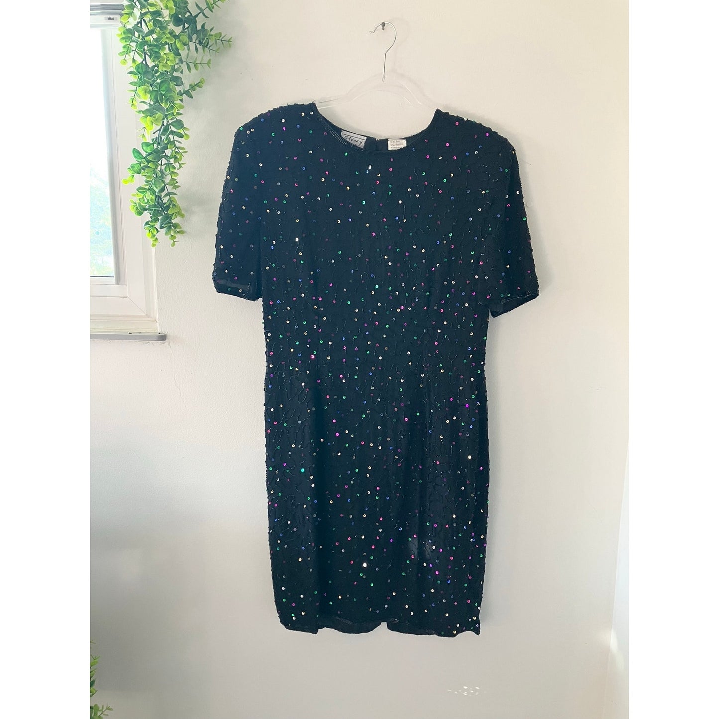 Stenay Vintage 1980s Beaded Confetti Sparkle Silk Black Dress Size 12