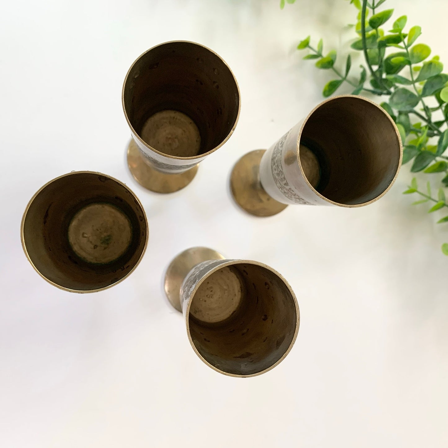 Vintage Brass Gold Etched India Goblet Cups 6" Set 4