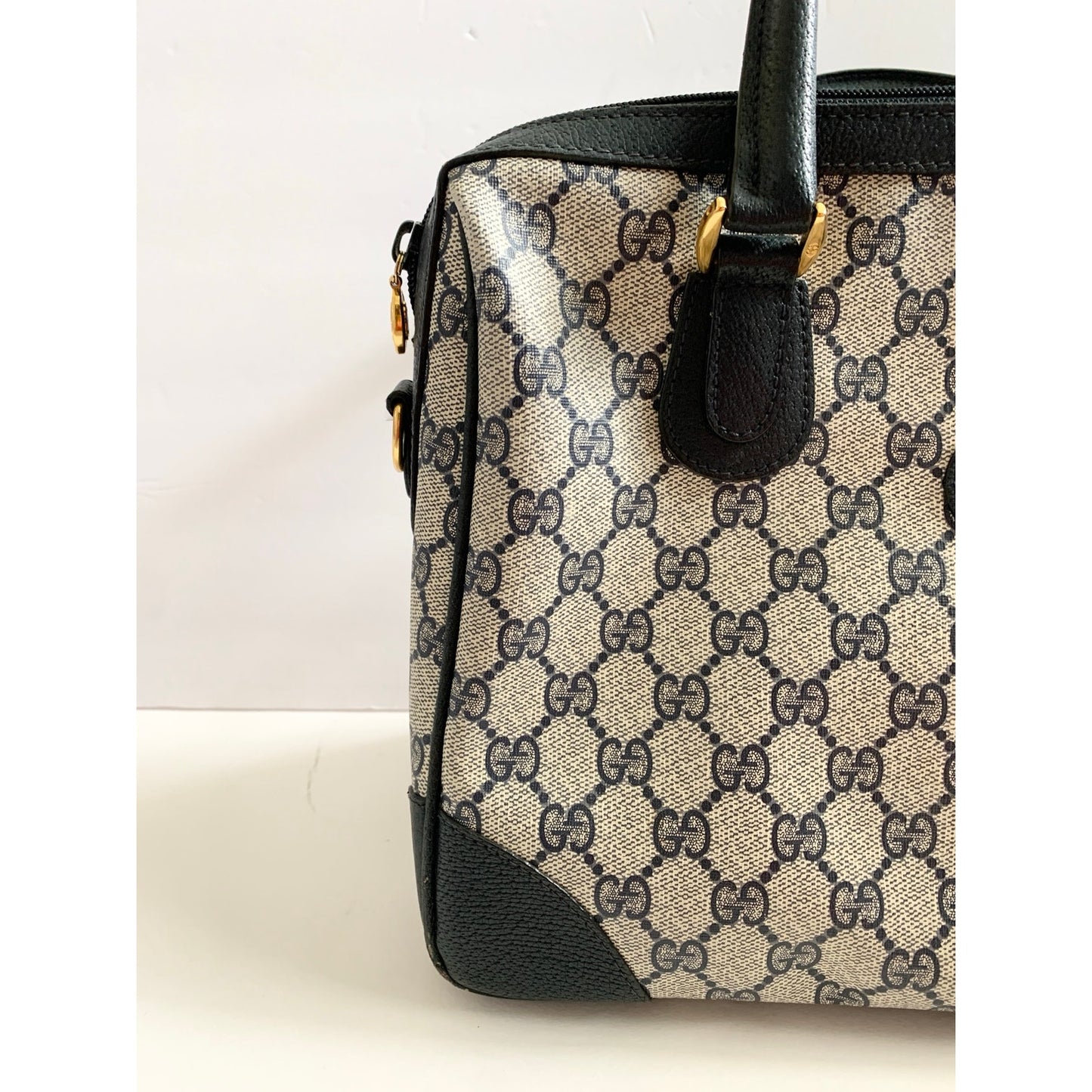 Vintage Gucci Boston Navy Blue Gray Handbag Purse Satchel Authentic