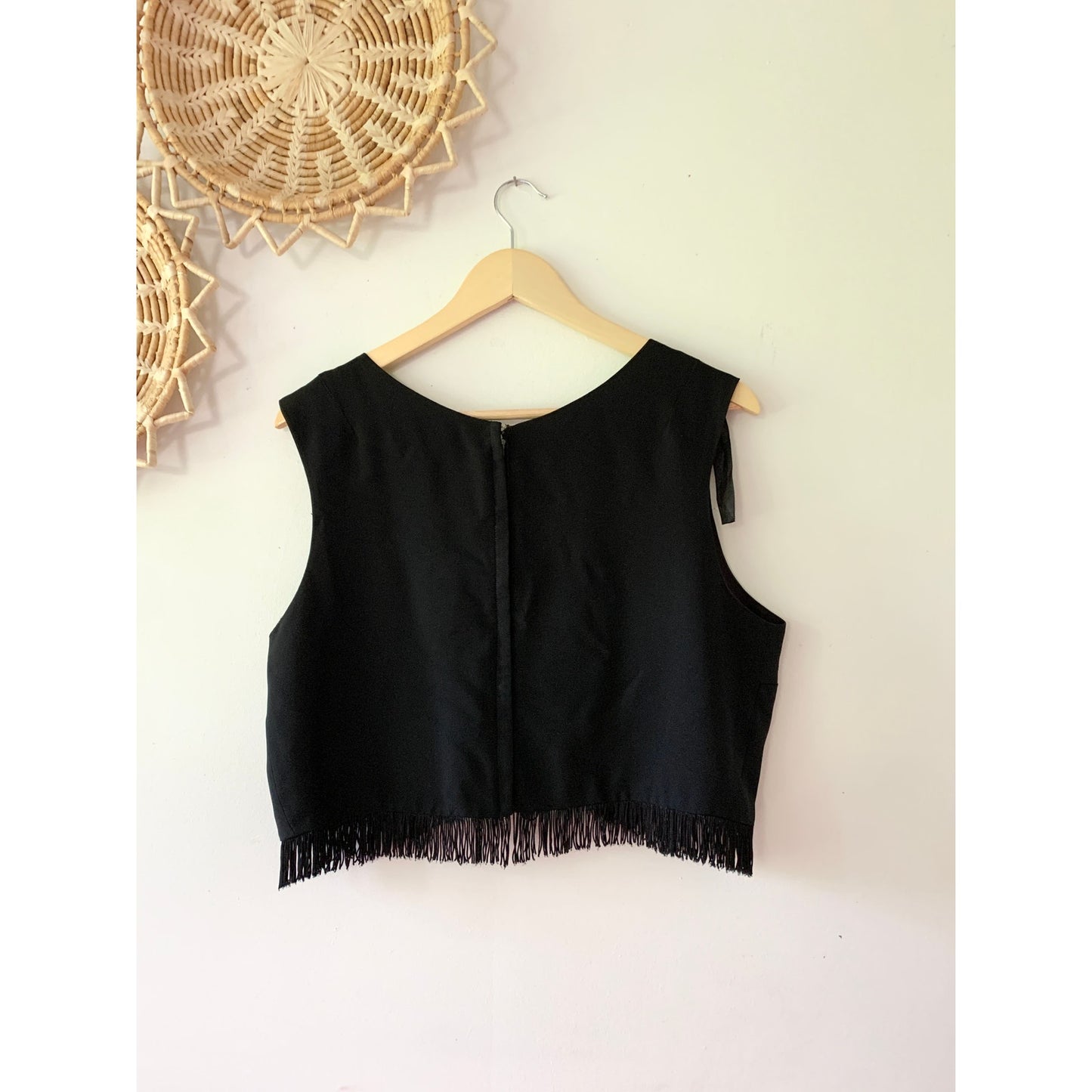 VINTAGE Fringe Cropped Tank Black Blouse Medium