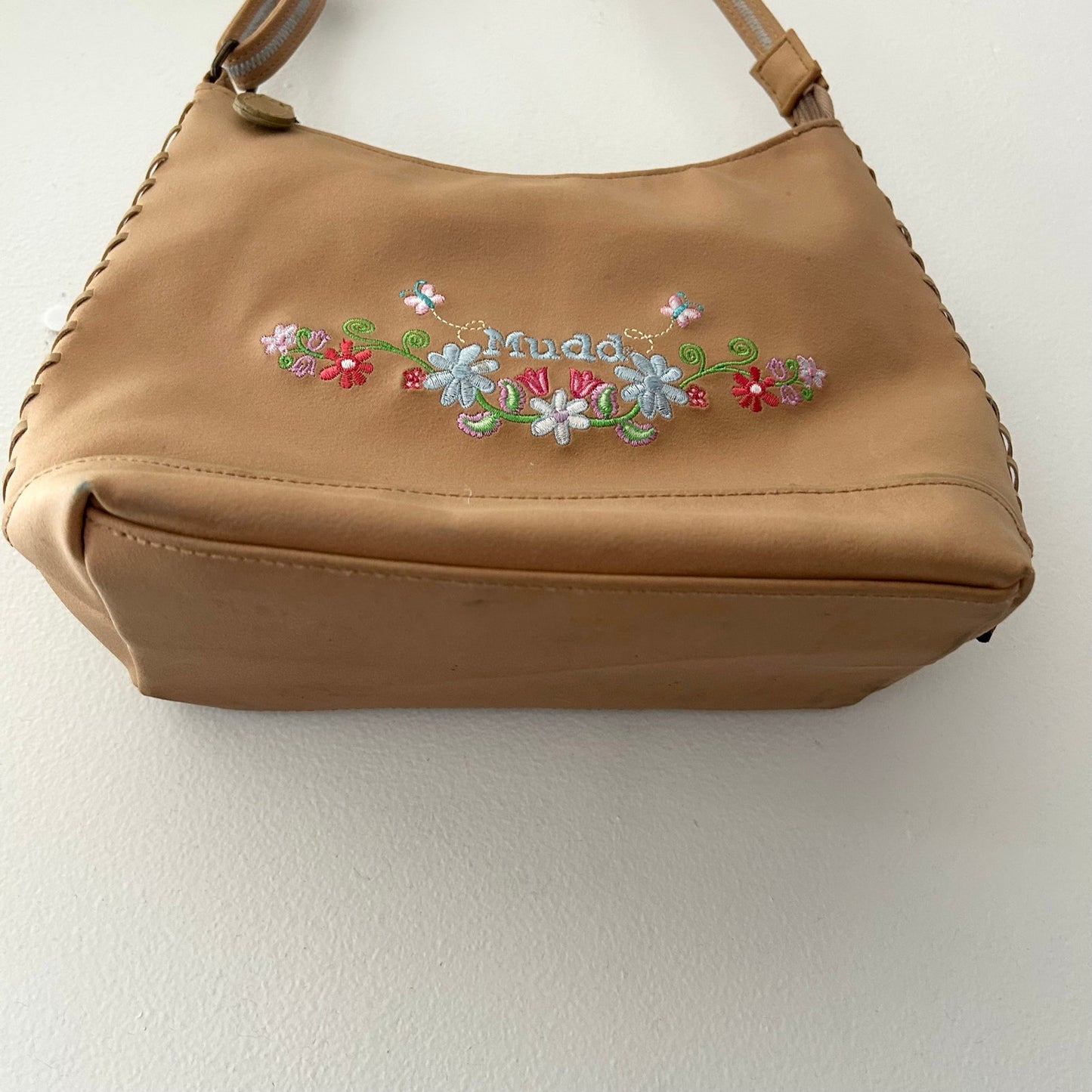 Vintage Y2K Mudd Tan Floral Embroidered Hobo Shoulder Bag Whipstitch