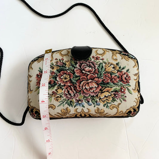 La Regale Vintage Tapestry Needlepoint Floral Clutch Handbag Purse Black
