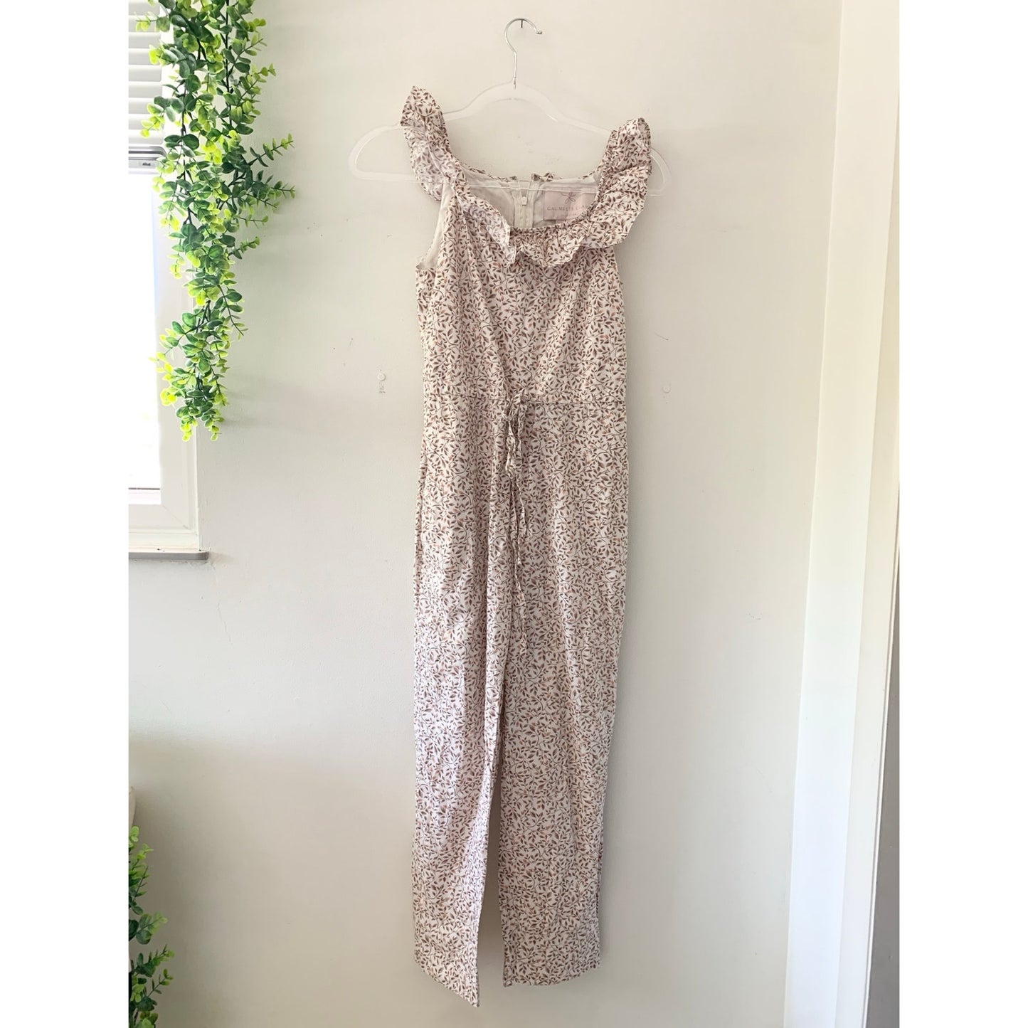 Gal Meets Glam Ruffle Neck Ditzy Floral Tan Cotton Jumpsuit