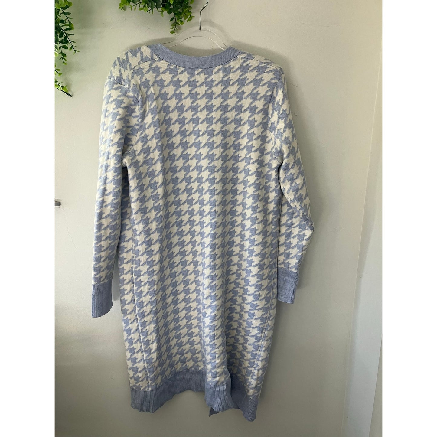 EXPRESS BLUE IVORY METALLIC HOUNDSTOOTH PRINT DUSTER CARDIGAN
