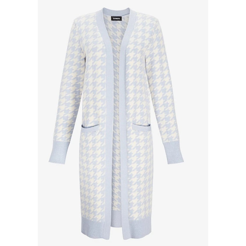 EXPRESS BLUE IVORY METALLIC HOUNDSTOOTH PRINT DUSTER CARDIGAN